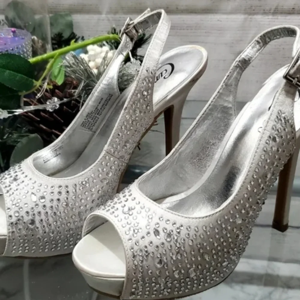 Candie's Rhinestones Embellished Open Toe Sling Back Stilletoes Silver 8.5M